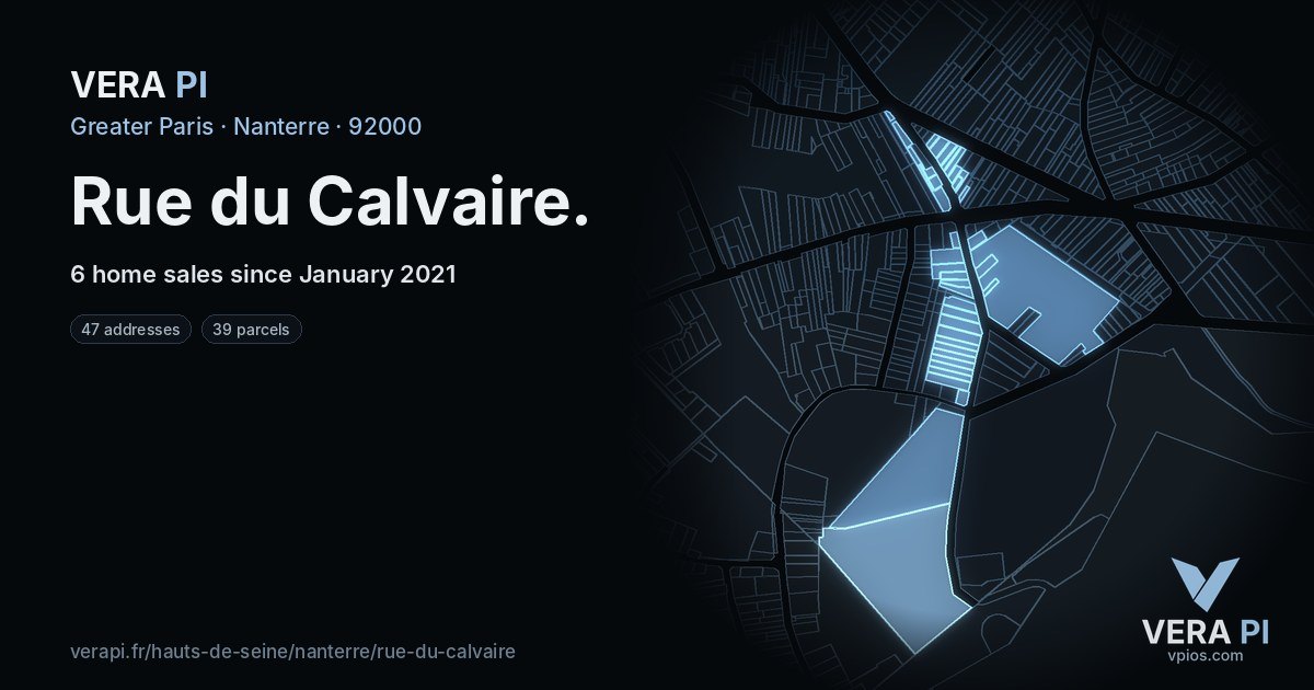 Rue du Calvaire, Nanterre at night – every parcel coloured by the prices around it, the street's own parcels lit