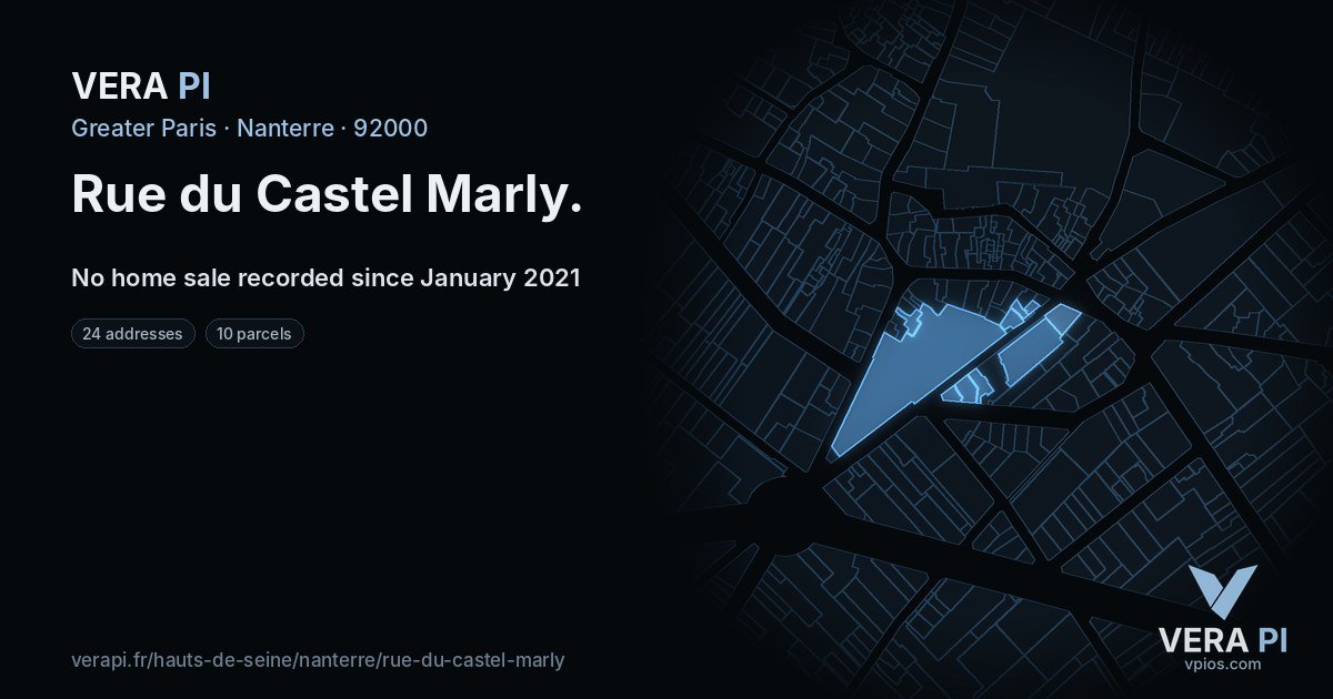 Rue du Castel Marly, Nanterre at night – every parcel coloured by the prices around it, the street's own parcels lit