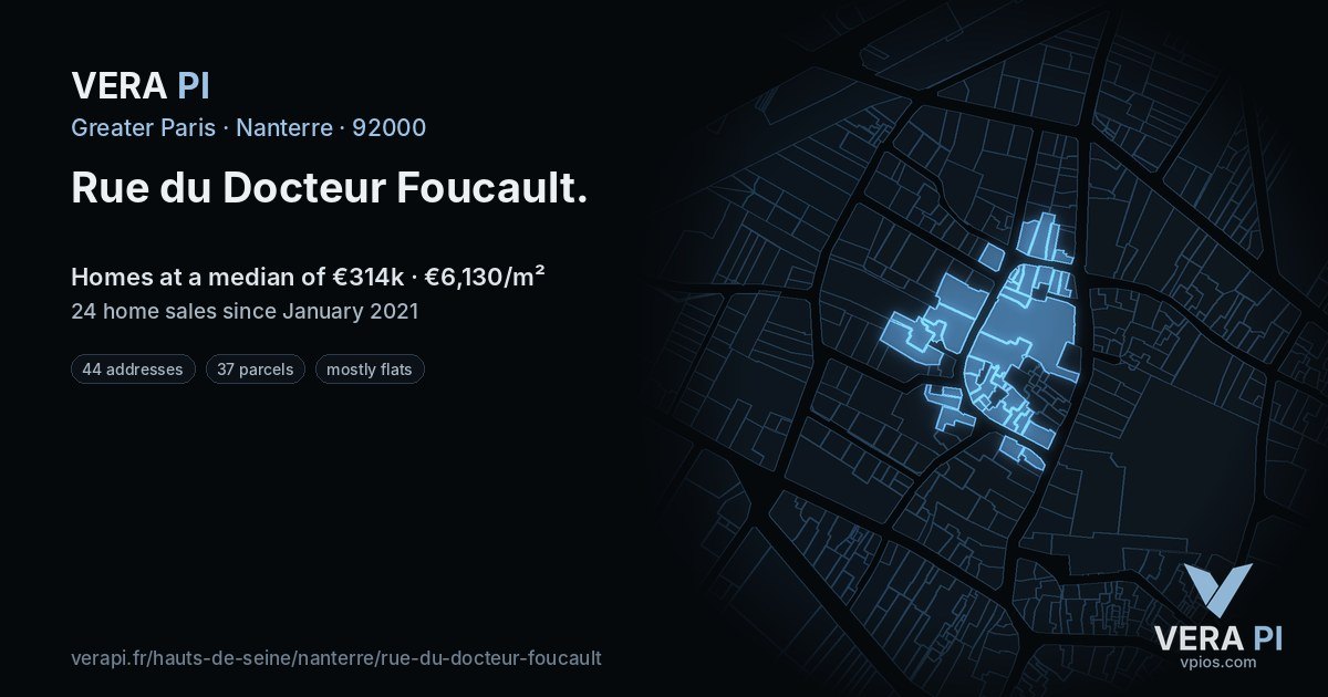 Rue du Docteur Foucault, Nanterre at night – every parcel coloured by the prices around it, the street's own parcels lit