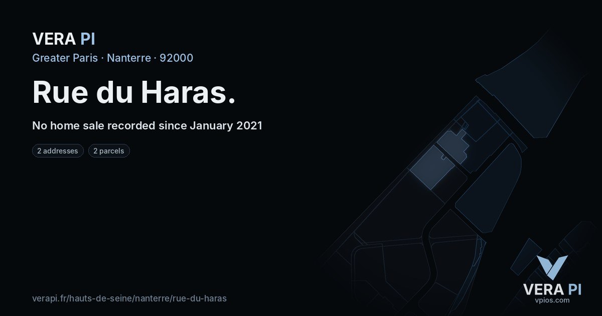 Rue du Haras, Nanterre at night – every parcel coloured by the prices around it, the street's own parcels lit
