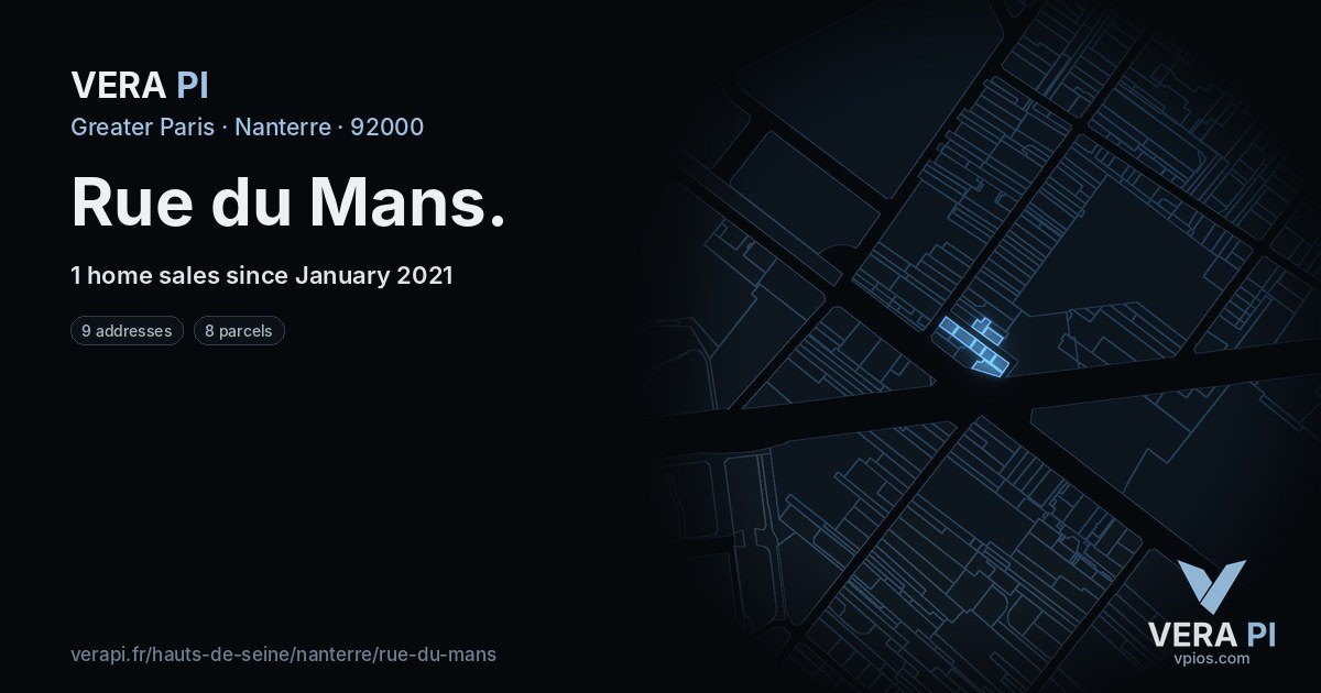 Rue du Mans, Nanterre at night – every parcel coloured by the prices around it, the street's own parcels lit