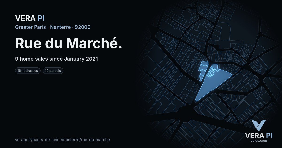 Rue du Marché, Nanterre at night – every parcel coloured by the prices around it, the street's own parcels lit