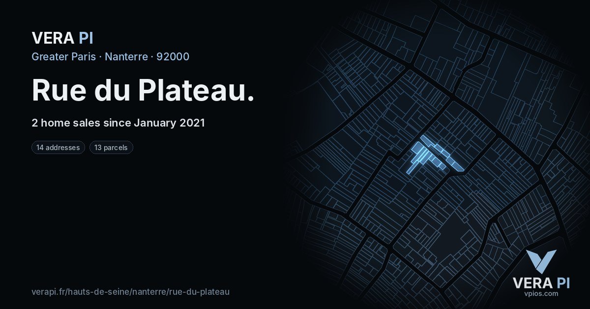 Rue du Plateau, Nanterre at night – every parcel coloured by the prices around it, the street's own parcels lit