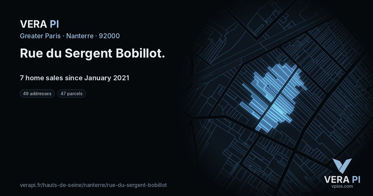 Rue du Sergent Bobillot, Nanterre at night – every parcel coloured by the prices around it, the street's own parcels lit