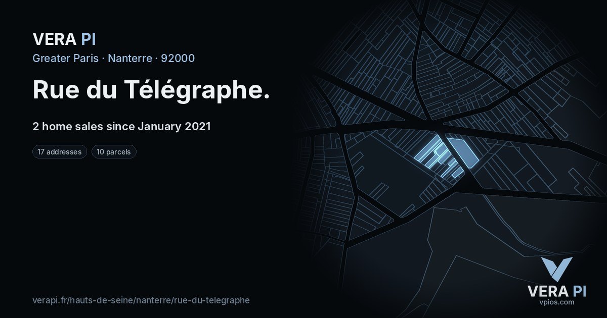 Rue du Télégraphe, Nanterre at night – every parcel coloured by the prices around it, the street's own parcels lit