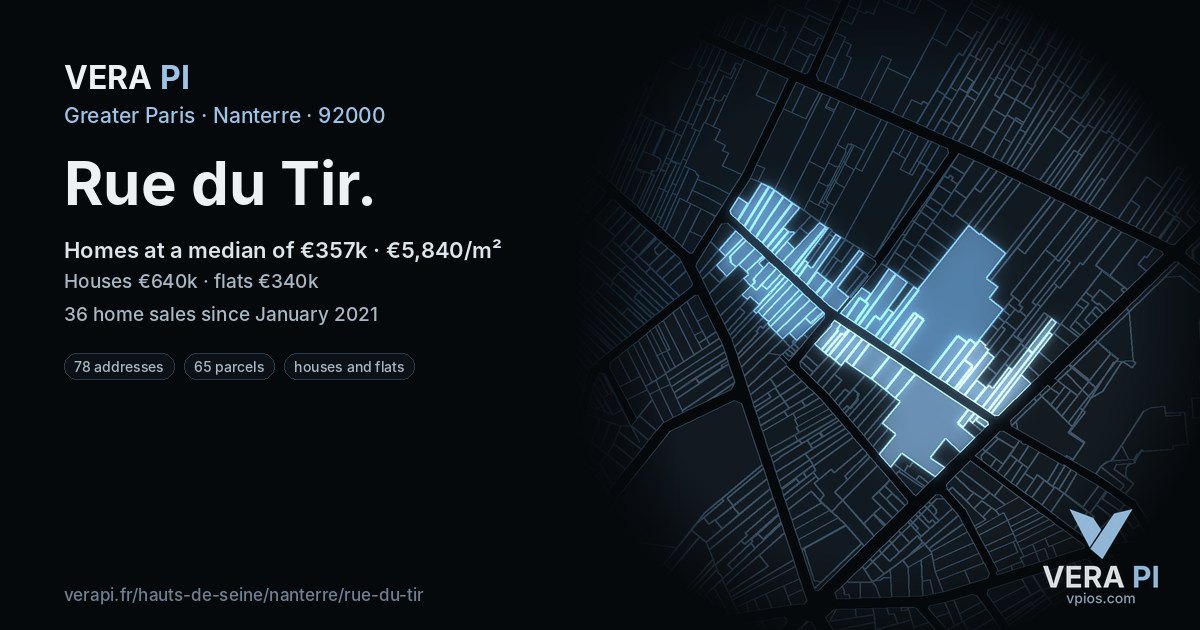 Rue du Tir, Nanterre at night – every parcel coloured by the prices around it, the street's own parcels lit