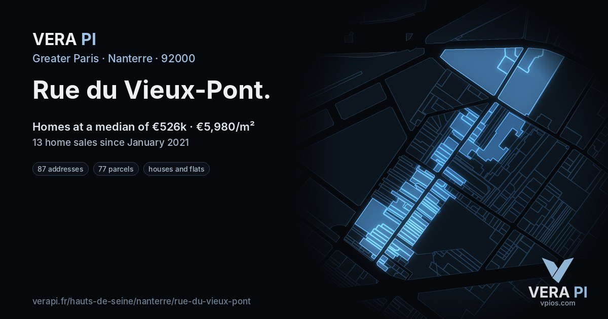 Rue du Vieux-Pont, Nanterre at night – every parcel coloured by the prices around it, the street's own parcels lit