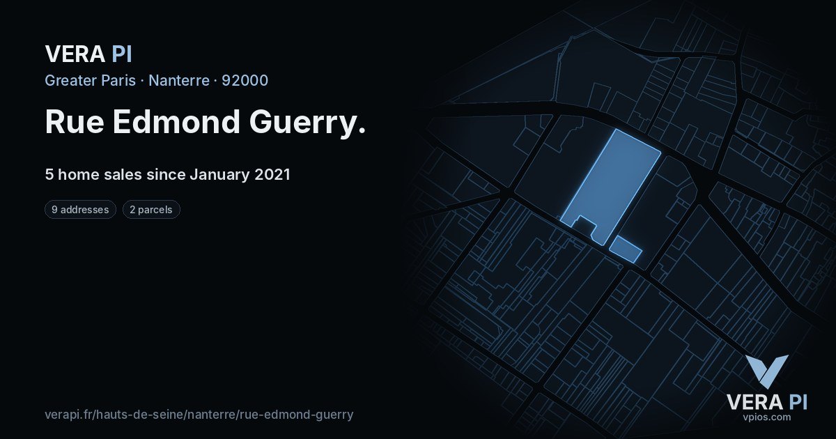 Rue Edmond Guerry, Nanterre at night – every parcel coloured by the prices around it, the street's own parcels lit