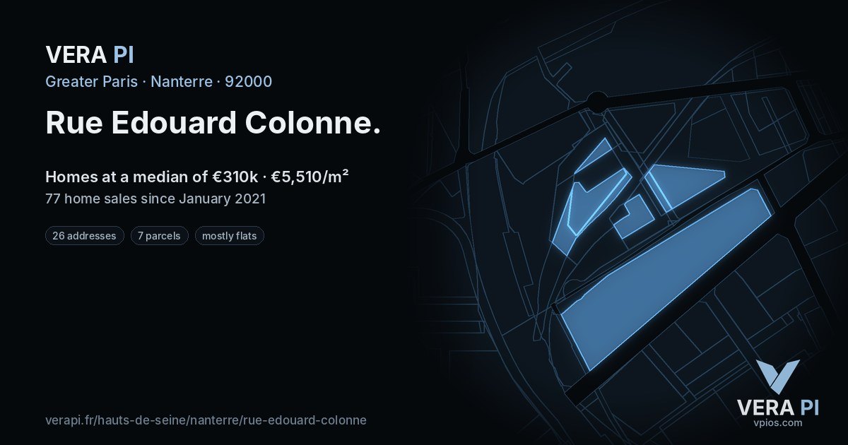 Rue Edouard Colonne, Nanterre at night – every parcel coloured by the prices around it, the street's own parcels lit