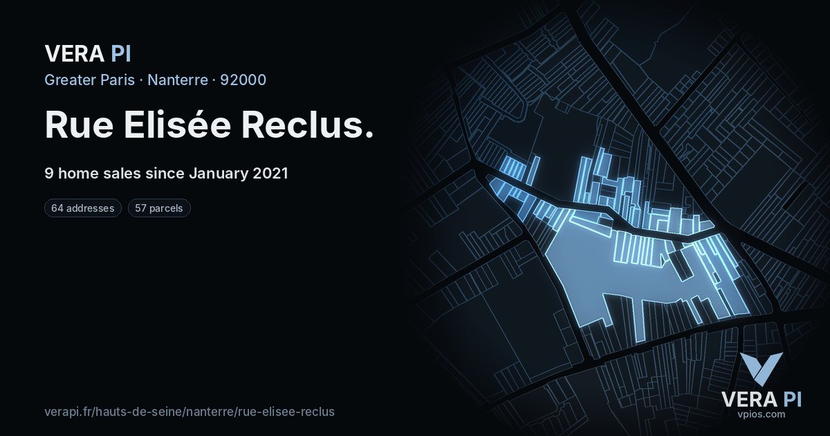 Rue Elisée Reclus, Nanterre at night – every parcel coloured by the prices around it, the street's own parcels lit