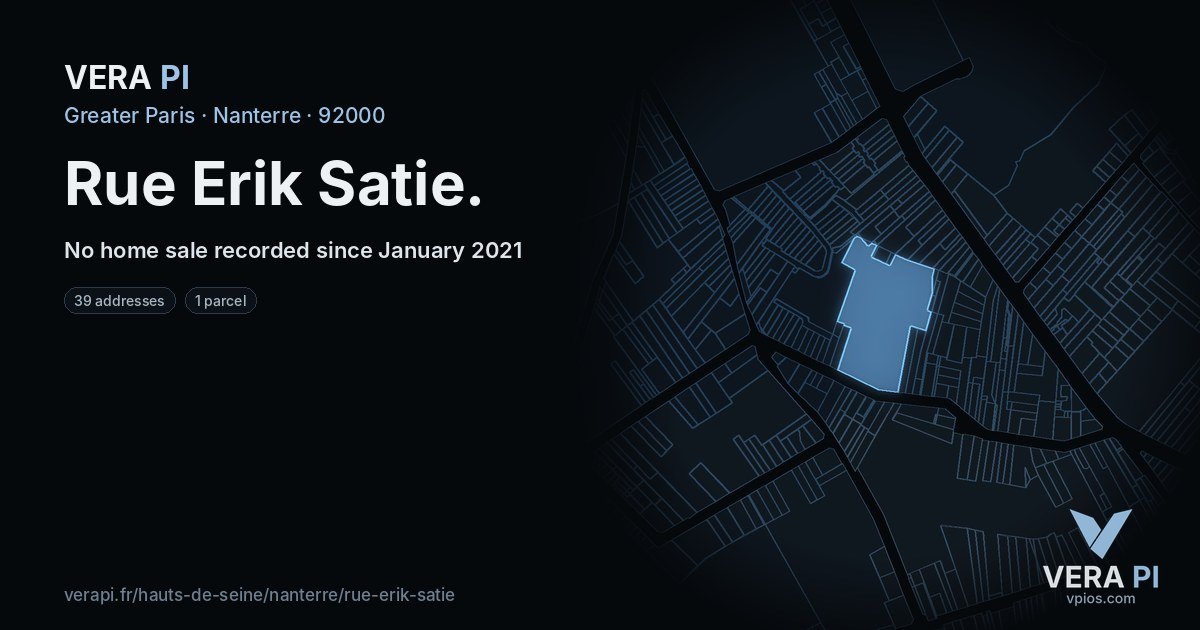 Rue Erik Satie, Nanterre at night – every parcel coloured by the prices around it, the street's own parcels lit