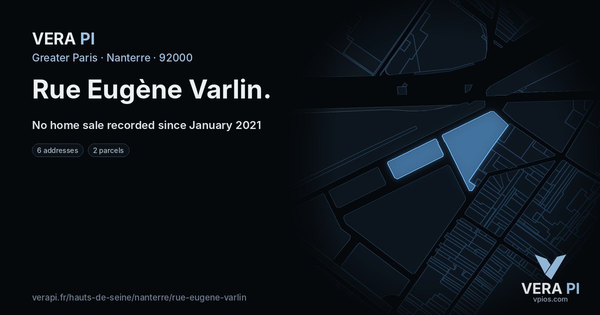 Rue Eugène Varlin, Nanterre at night – every parcel coloured by the prices around it, the street's own parcels lit