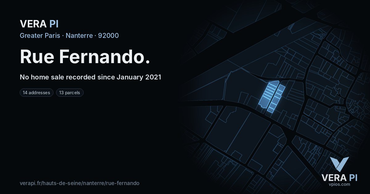 Rue Fernando, Nanterre at night – every parcel coloured by the prices around it, the street's own parcels lit
