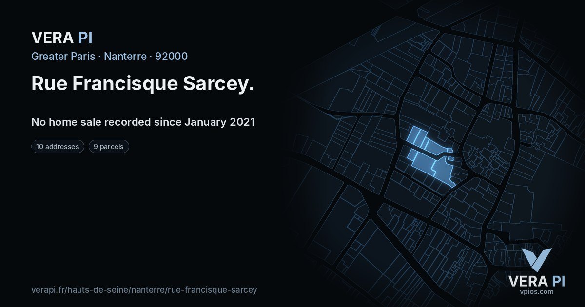 Rue Francisque Sarcey, Nanterre at night – every parcel coloured by the prices around it, the street's own parcels lit