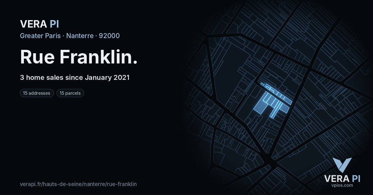 Rue Franklin, Nanterre at night – every parcel coloured by the prices around it, the street's own parcels lit