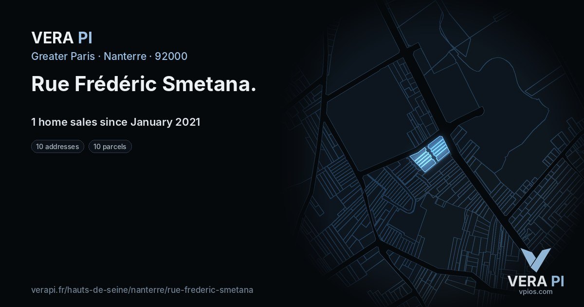 Rue Frédéric Smetana, Nanterre at night – every parcel coloured by the prices around it, the street's own parcels lit