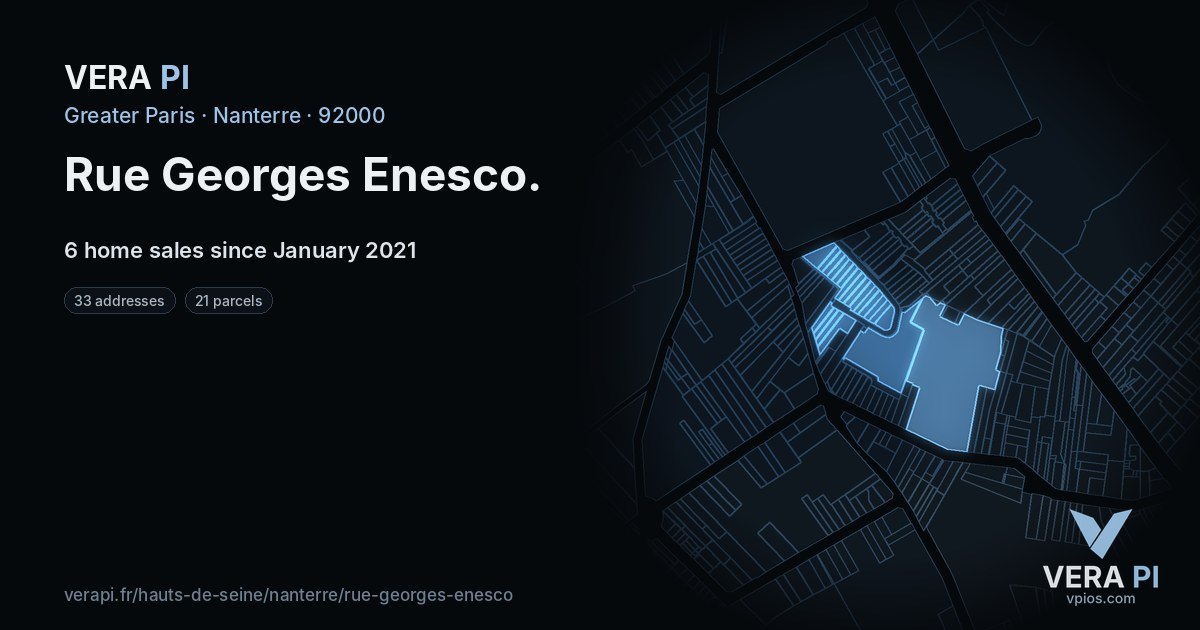 Rue Georges Enesco, Nanterre at night – every parcel coloured by the prices around it, the street's own parcels lit