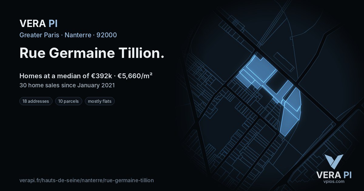 Rue Germaine Tillion, Nanterre at night – every parcel coloured by the prices around it, the street's own parcels lit