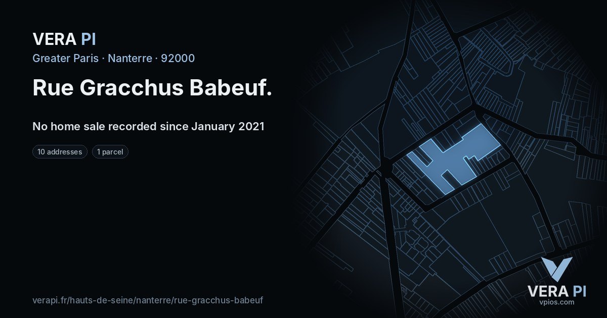 Rue Gracchus Babeuf, Nanterre at night – every parcel coloured by the prices around it, the street's own parcels lit