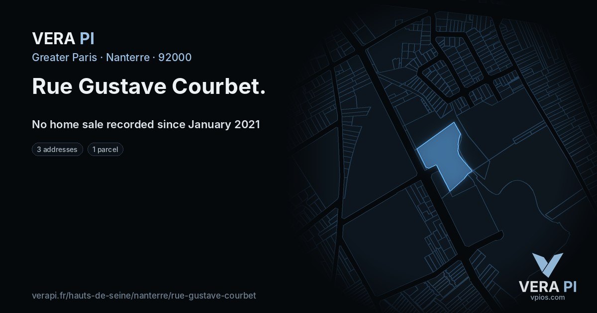 Rue Gustave Courbet, Nanterre at night – every parcel coloured by the prices around it, the street's own parcels lit