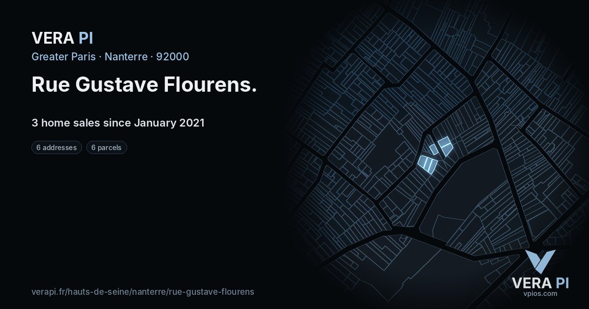 Rue Gustave Flourens, Nanterre at night – every parcel coloured by the prices around it, the street's own parcels lit