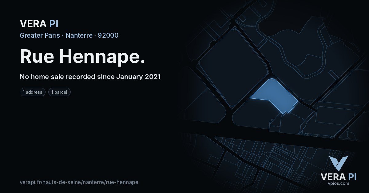 Rue Hennape, Nanterre at night – every parcel coloured by the prices around it, the street's own parcels lit