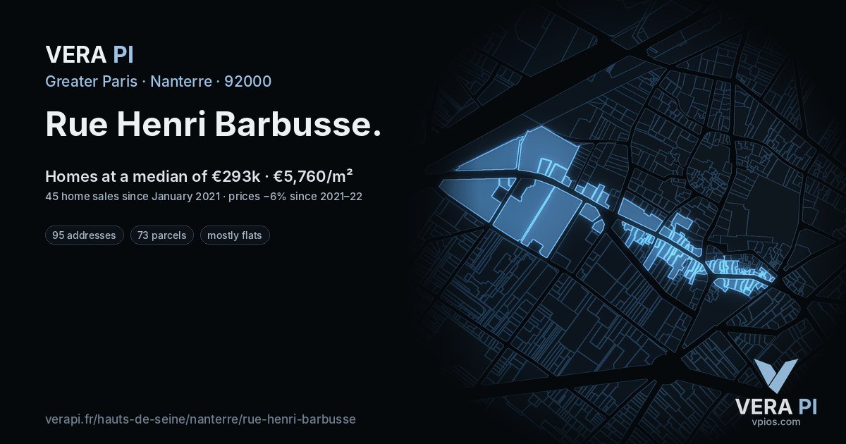 Rue Henri Barbusse, Nanterre at night – every parcel coloured by the prices around it, the street's own parcels lit