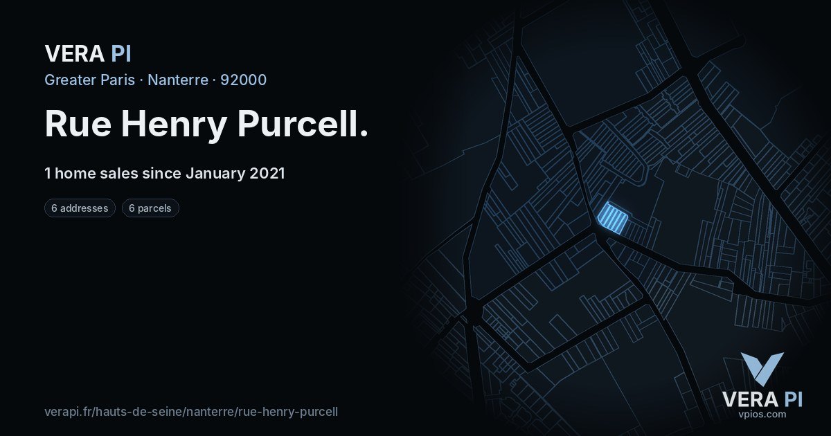 Rue Henry Purcell, Nanterre at night – every parcel coloured by the prices around it, the street's own parcels lit
