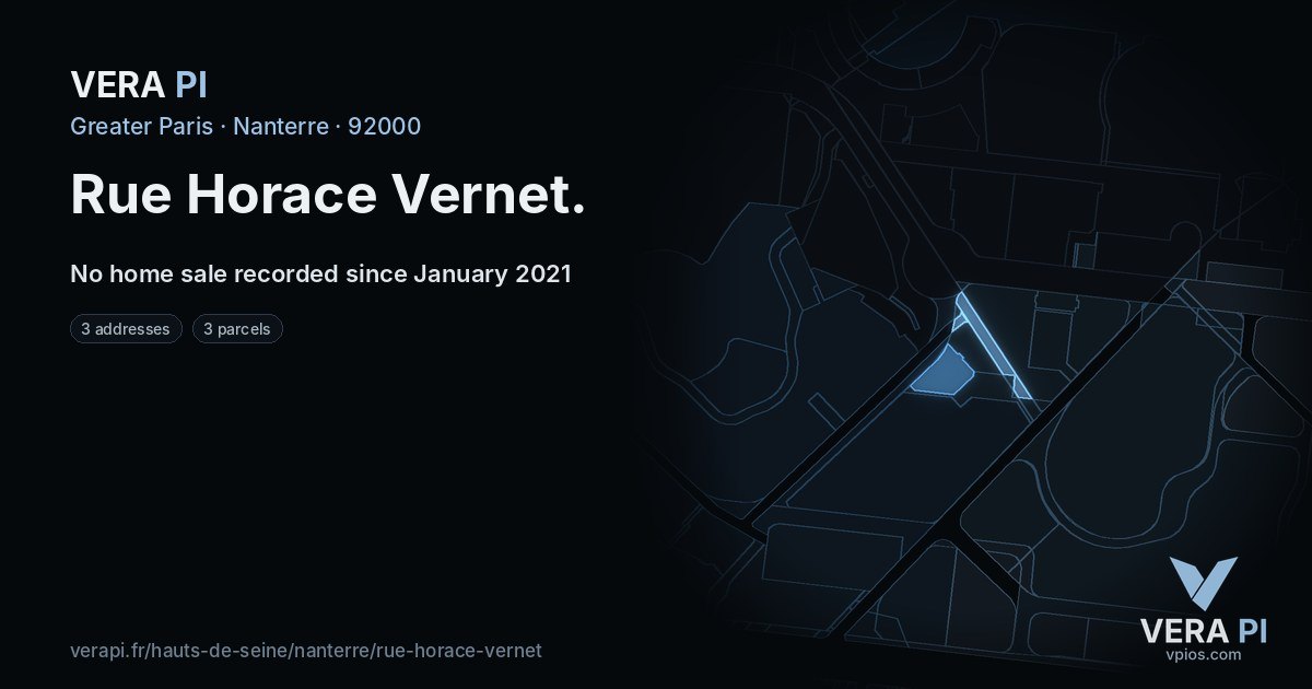 Rue Horace Vernet, Nanterre at night – every parcel coloured by the prices around it, the street's own parcels lit
