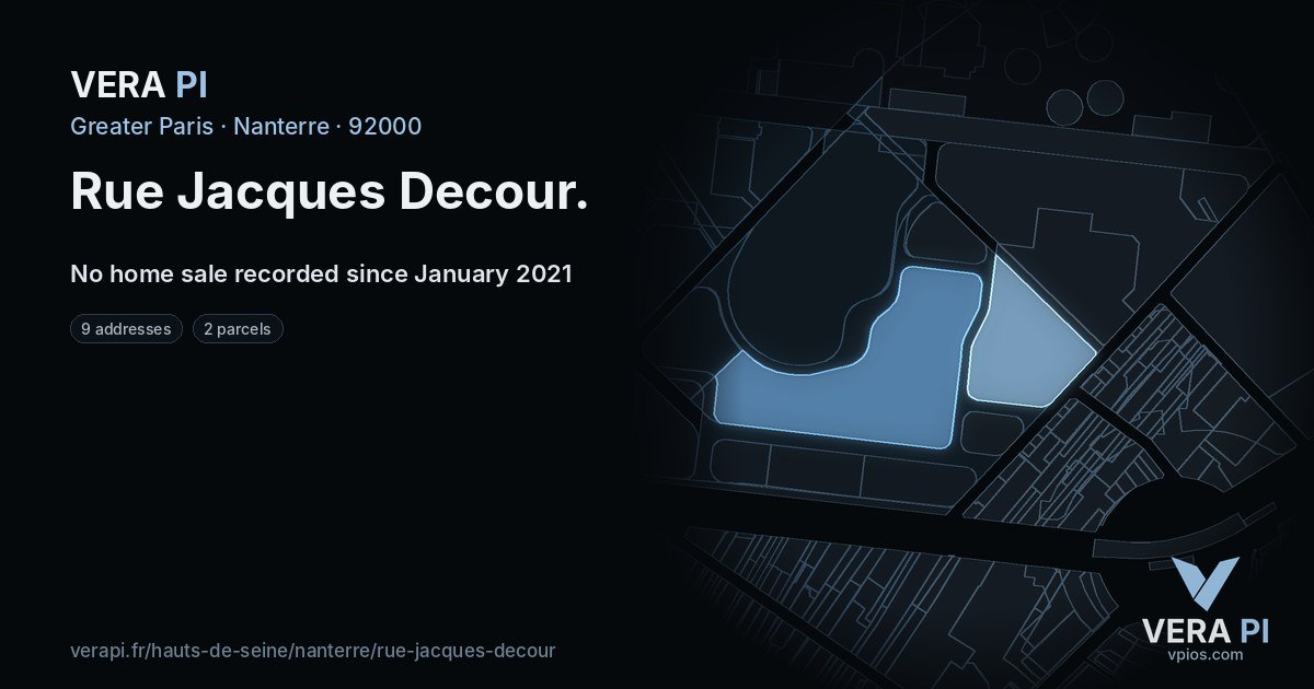 Rue Jacques Decour, Nanterre at night – every parcel coloured by the prices around it, the street's own parcels lit
