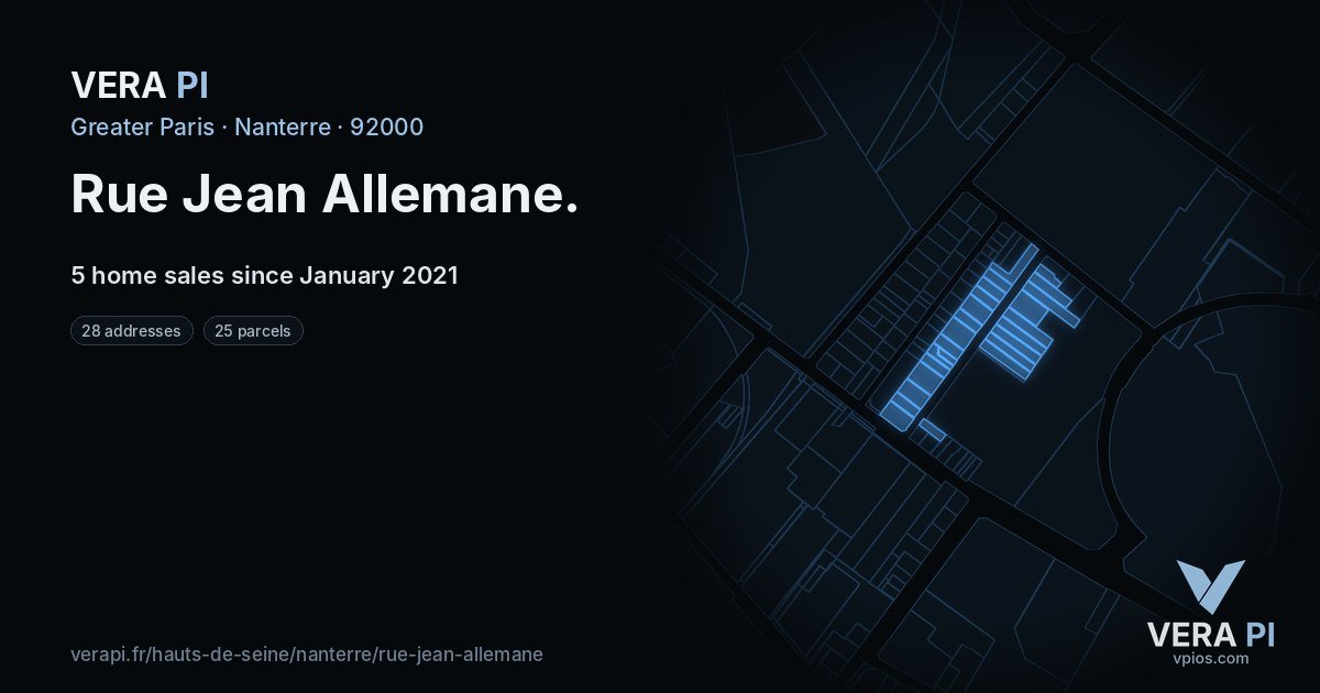 Rue Jean Allemane, Nanterre at night – every parcel coloured by the prices around it, the street's own parcels lit