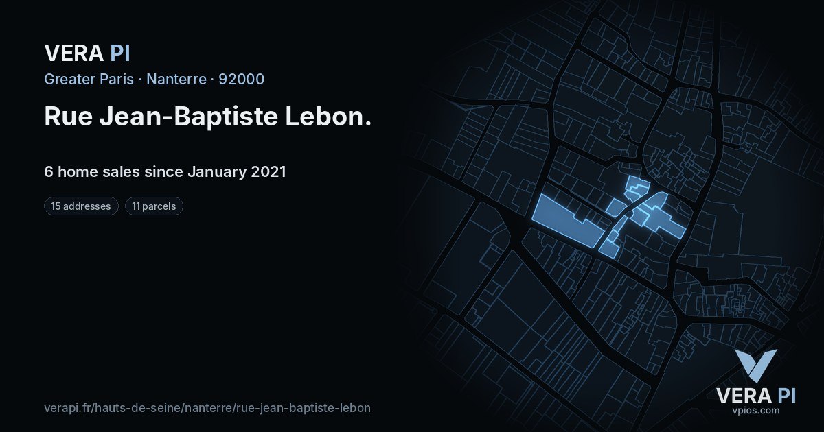 Rue Jean-Baptiste Lebon, Nanterre at night – every parcel coloured by the prices around it, the street's own parcels lit