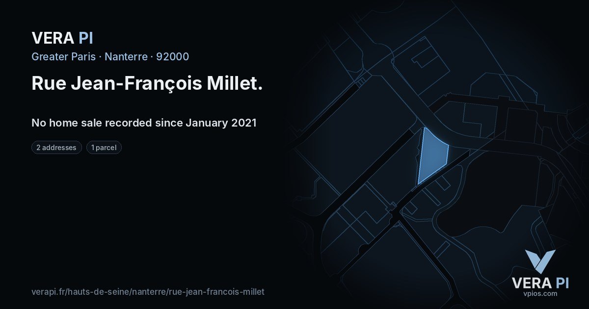 Rue Jean-François Millet, Nanterre at night – every parcel coloured by the prices around it, the street's own parcels lit