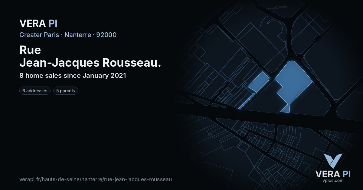 Rue Jean-Jacques Rousseau, Nanterre at night – every parcel coloured by the prices around it, the street's own parcels lit
