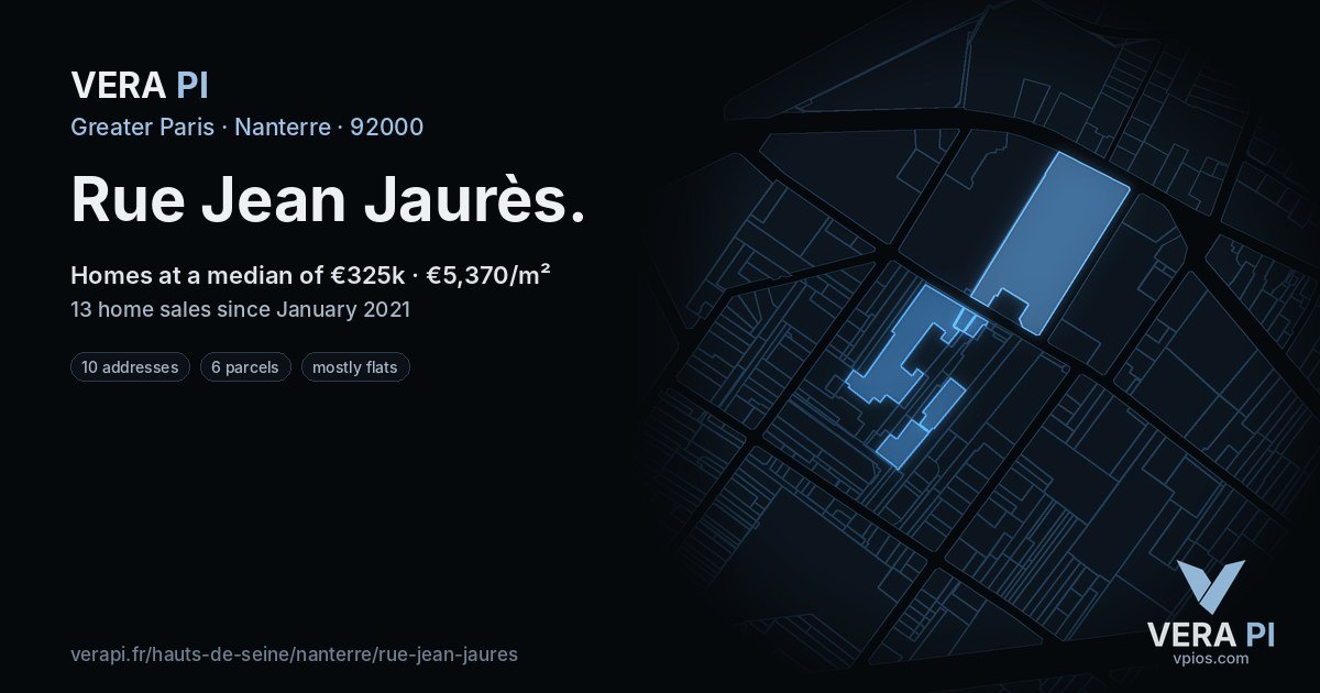 Rue Jean Jaurès, Nanterre at night – every parcel coloured by the prices around it, the street's own parcels lit