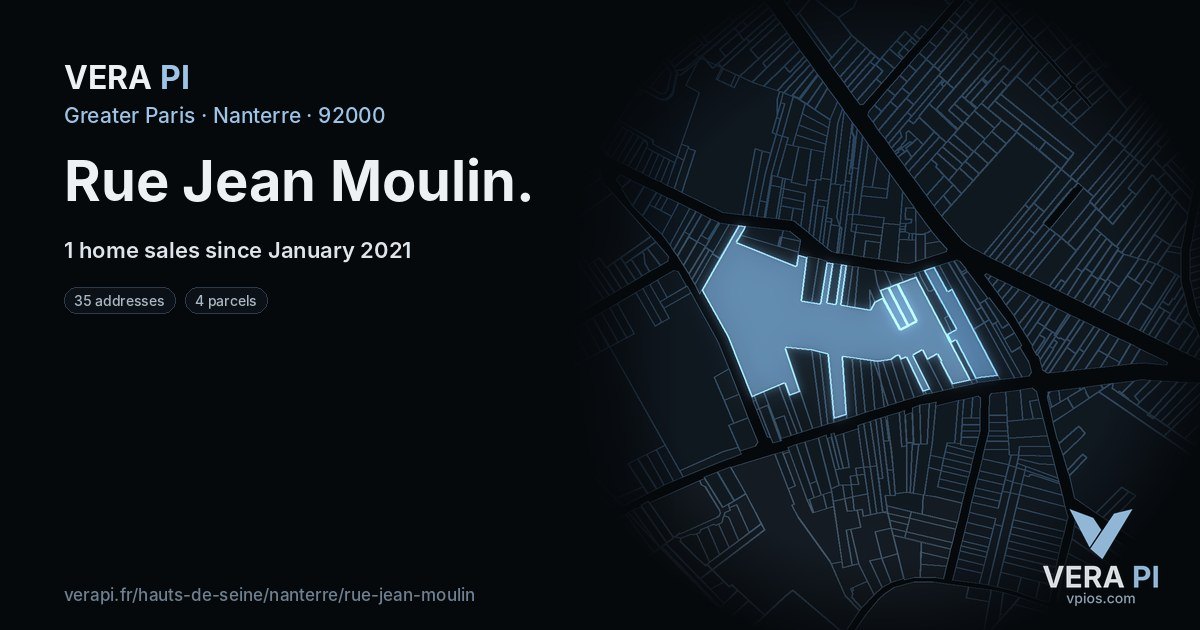 Rue Jean Moulin, Nanterre at night – every parcel coloured by the prices around it, the street's own parcels lit