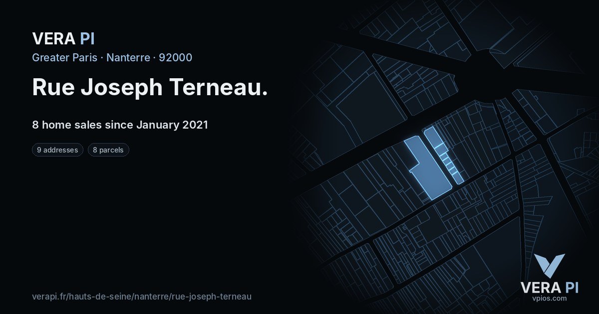 Rue Joseph Terneau, Nanterre at night – every parcel coloured by the prices around it, the street's own parcels lit
