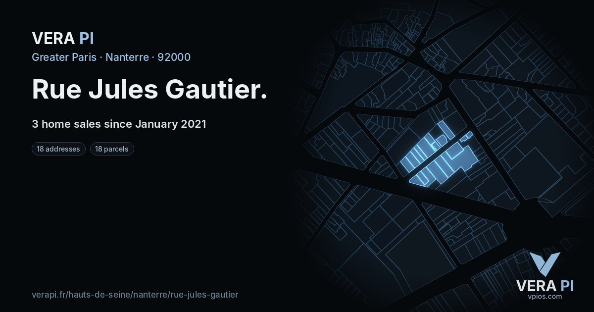 Rue Jules Gautier, Nanterre at night – every parcel coloured by the prices around it, the street's own parcels lit