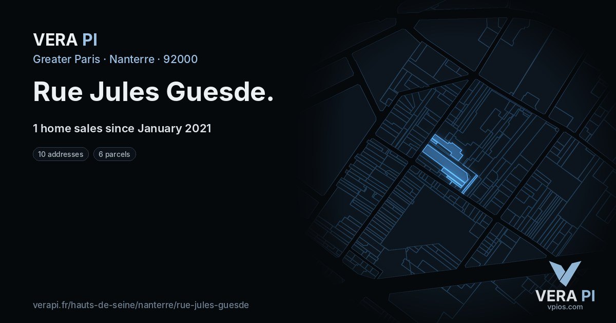 Rue Jules Guesde, Nanterre at night – every parcel coloured by the prices around it, the street's own parcels lit