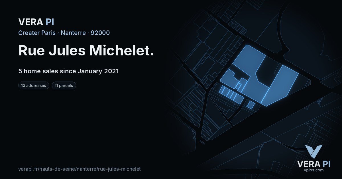 Rue Jules Michelet, Nanterre at night – every parcel coloured by the prices around it, the street's own parcels lit