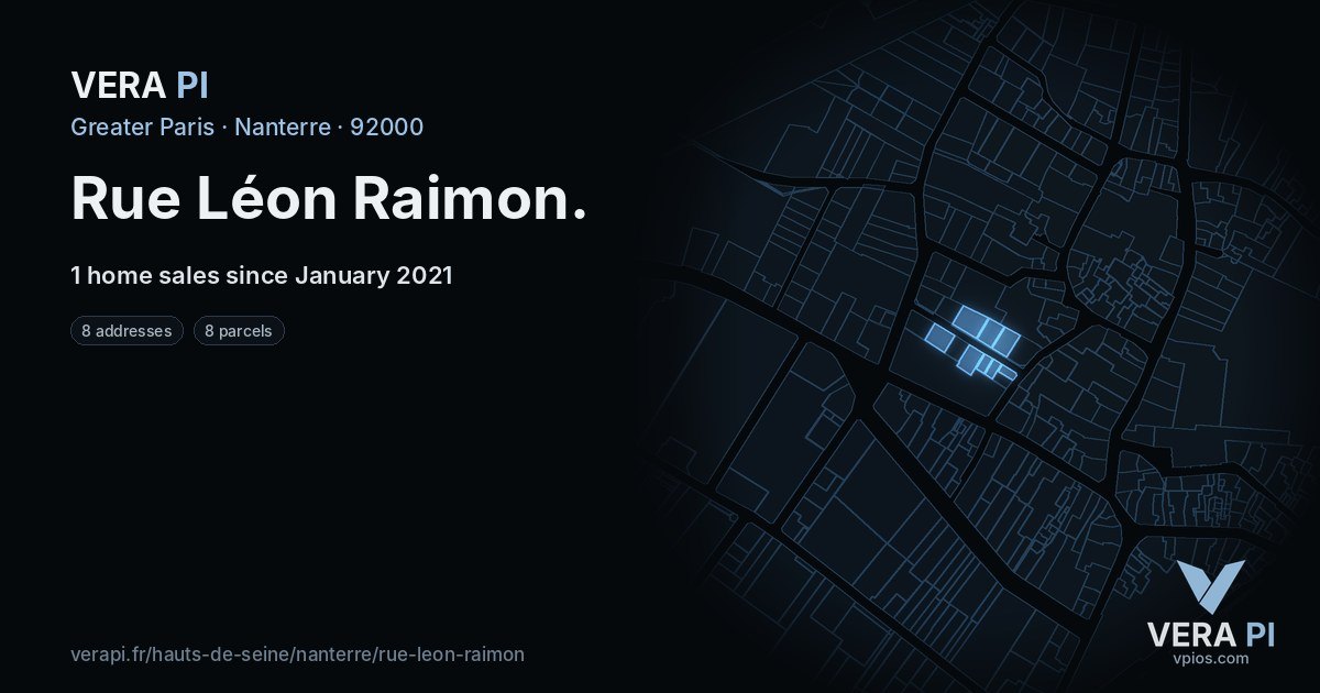 Rue Léon Raimon, Nanterre at night – every parcel coloured by the prices around it, the street's own parcels lit