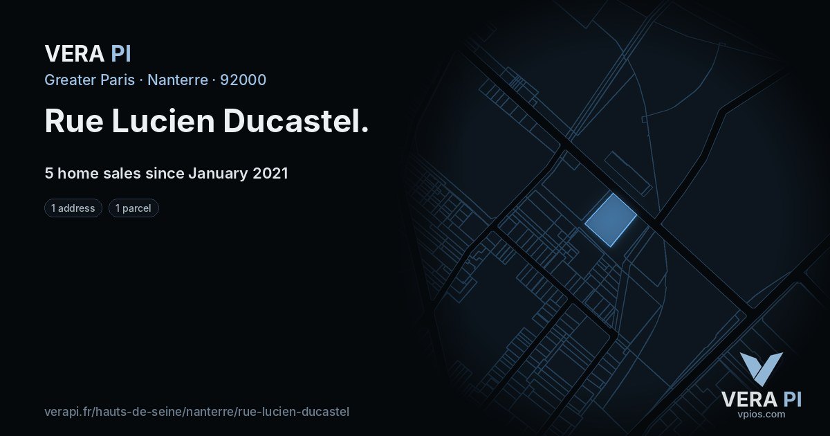 Rue Lucien Ducastel, Nanterre at night – every parcel coloured by the prices around it, the street's own parcels lit