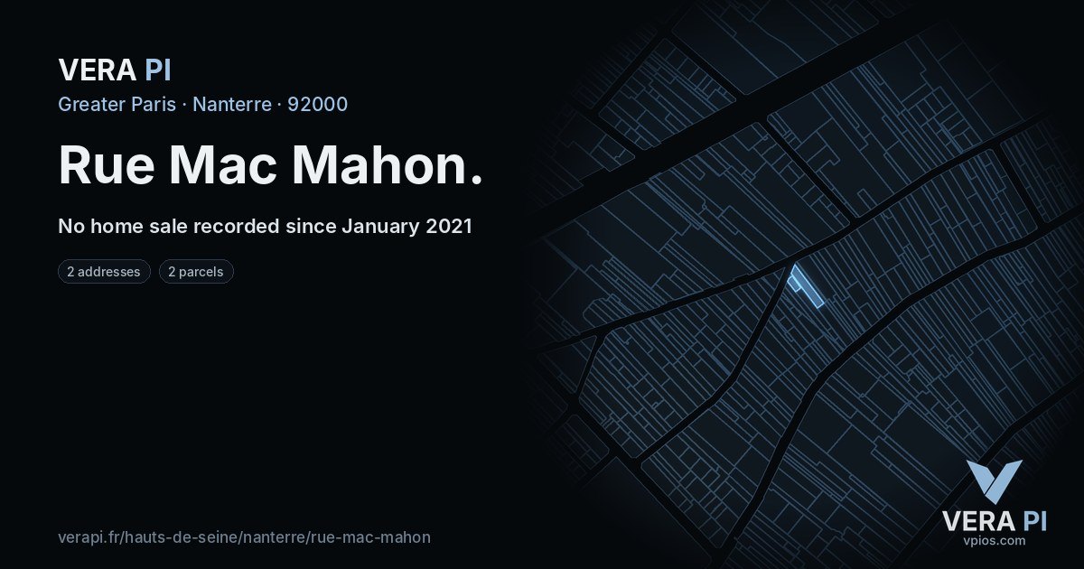Rue Mac Mahon, Nanterre at night – every parcel coloured by the prices around it, the street's own parcels lit