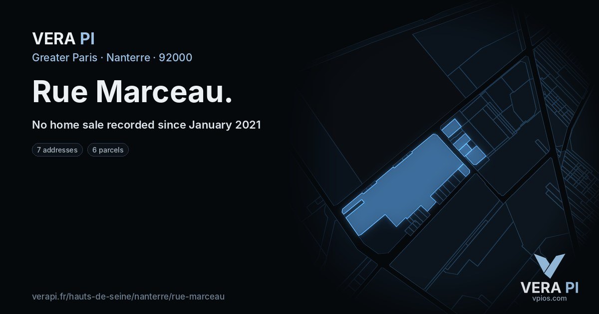 Rue Marceau, Nanterre at night – every parcel coloured by the prices around it, the street's own parcels lit
