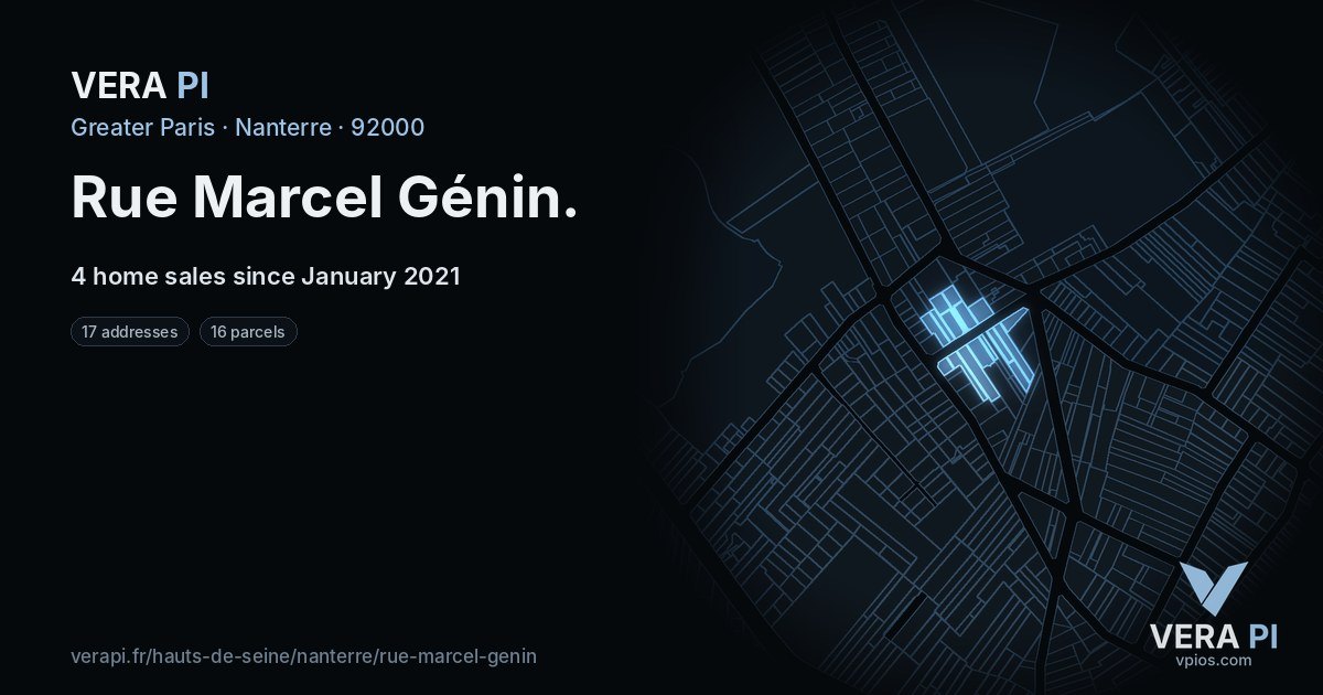 Rue Marcel Génin, Nanterre at night – every parcel coloured by the prices around it, the street's own parcels lit