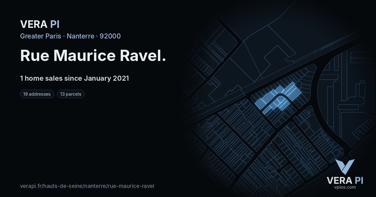 Rue Maurice Ravel, Nanterre at night – every parcel coloured by the prices around it, the street's own parcels lit
