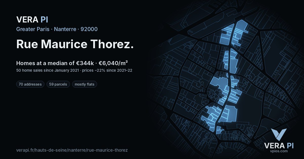 Rue Maurice Thorez, Nanterre at night – every parcel coloured by the prices around it, the street's own parcels lit