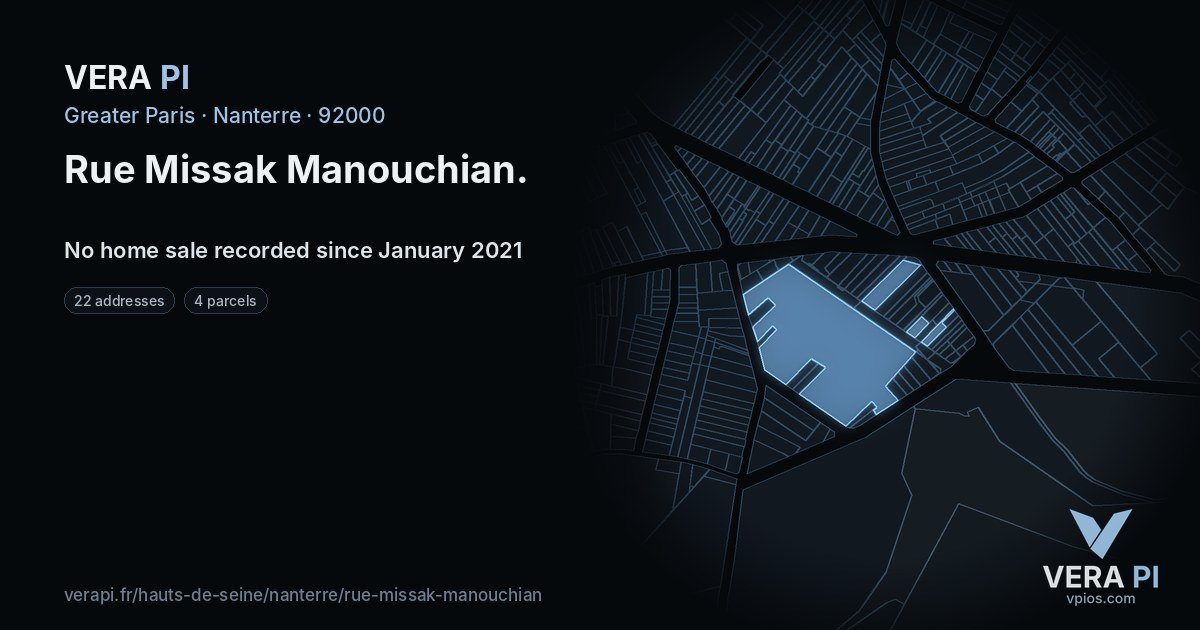 Rue Missak Manouchian, Nanterre at night – every parcel coloured by the prices around it, the street's own parcels lit