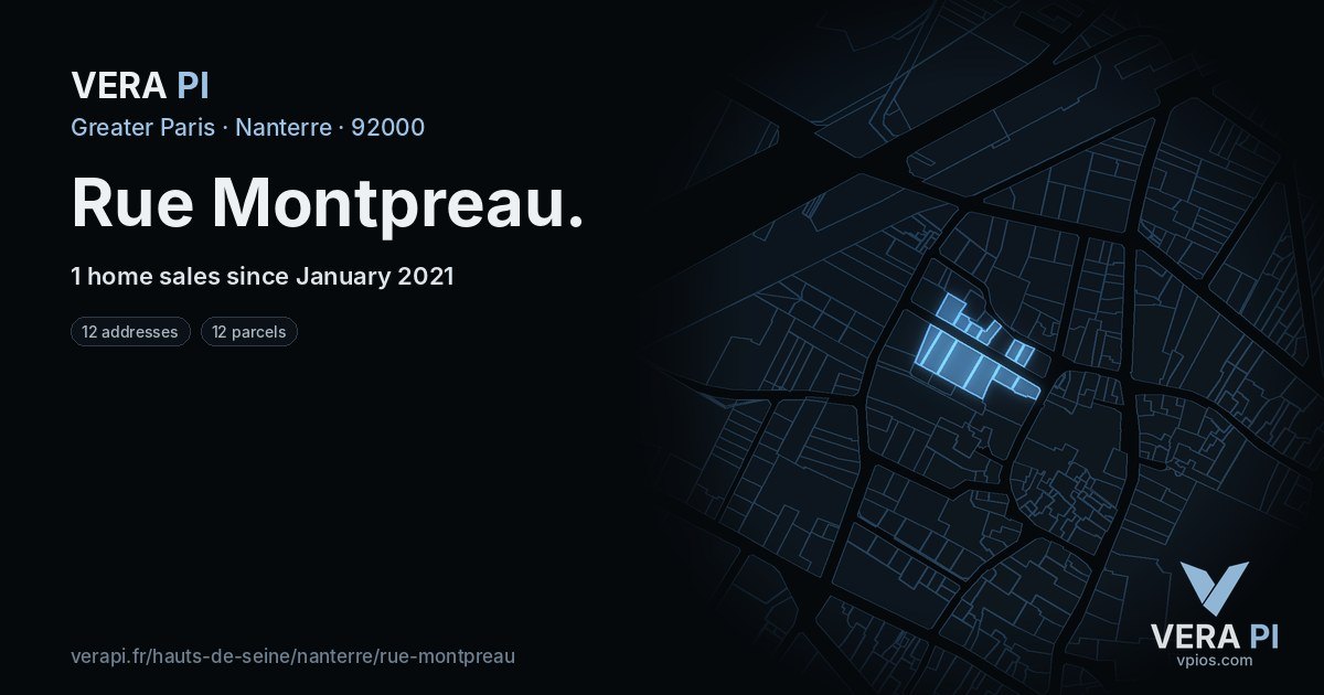 Rue Montpreau, Nanterre at night – every parcel coloured by the prices around it, the street's own parcels lit