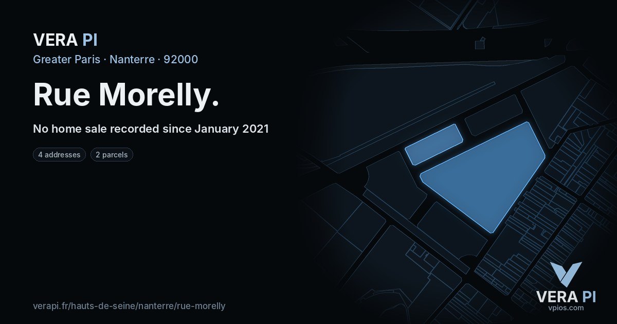Rue Morelly, Nanterre at night – every parcel coloured by the prices around it, the street's own parcels lit